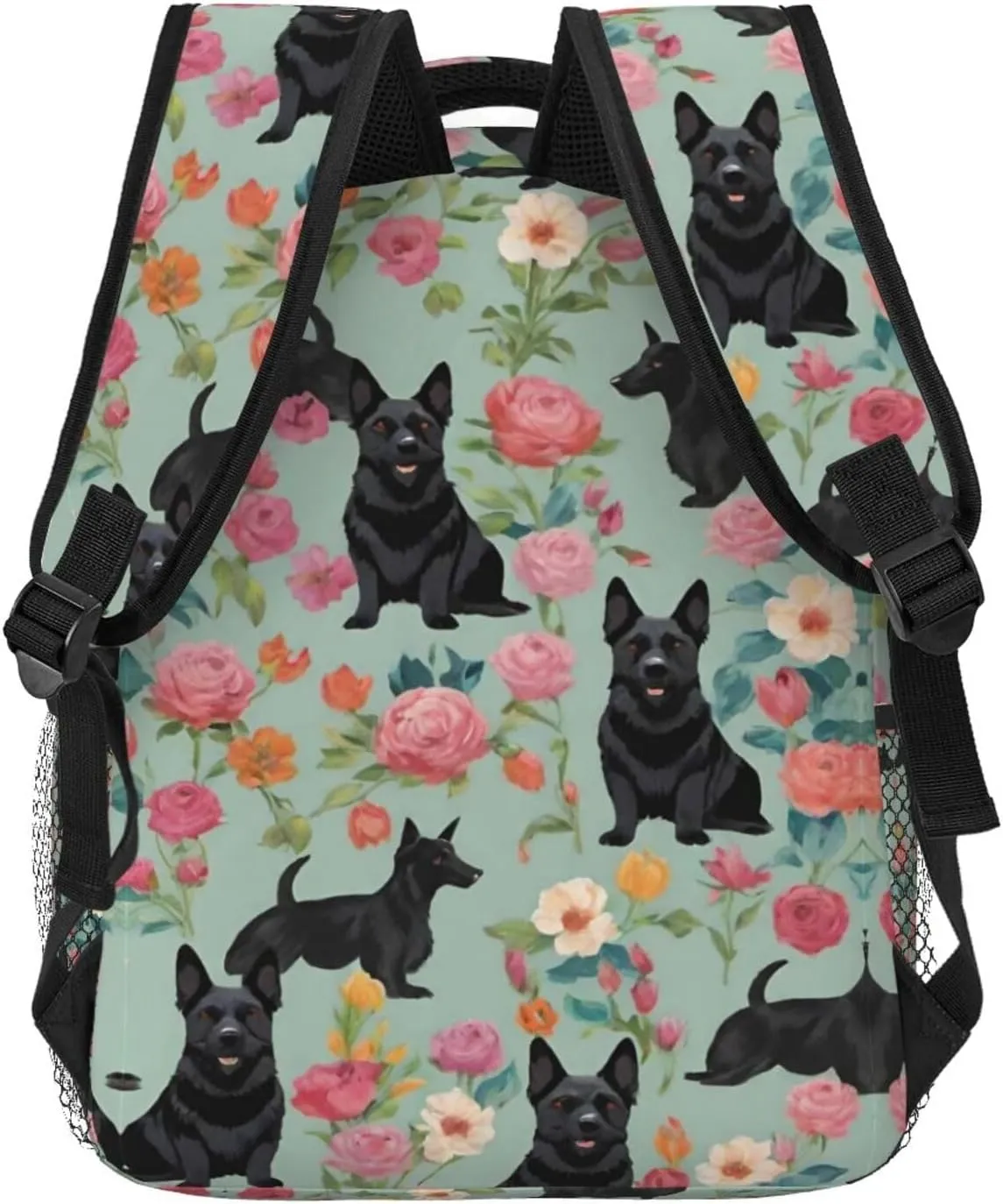 Men & Women Polyester Scottie Dog Floral Art Backpack Large Capacity Bookbag With Smooth Zippers for Climbing Picnic Bicycle