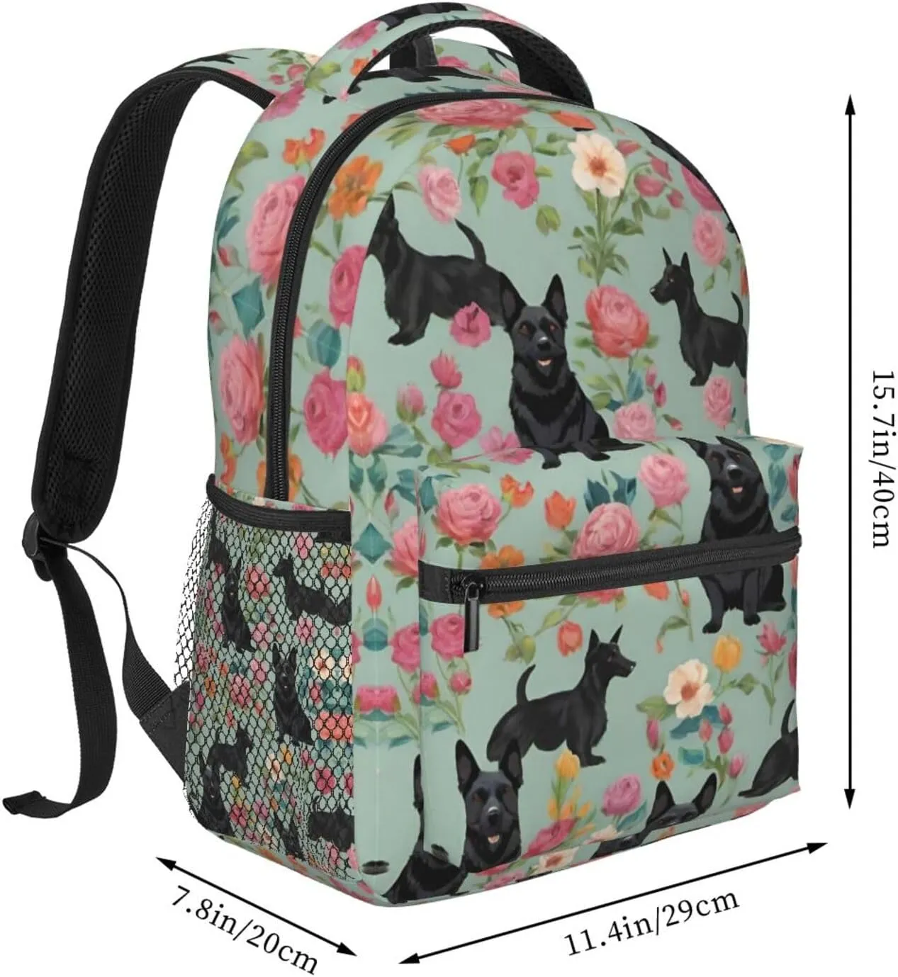 Men & Women Polyester Scottie Dog Floral Art Backpack Large Capacity Bookbag With Smooth Zippers for Climbing Picnic Bicycle