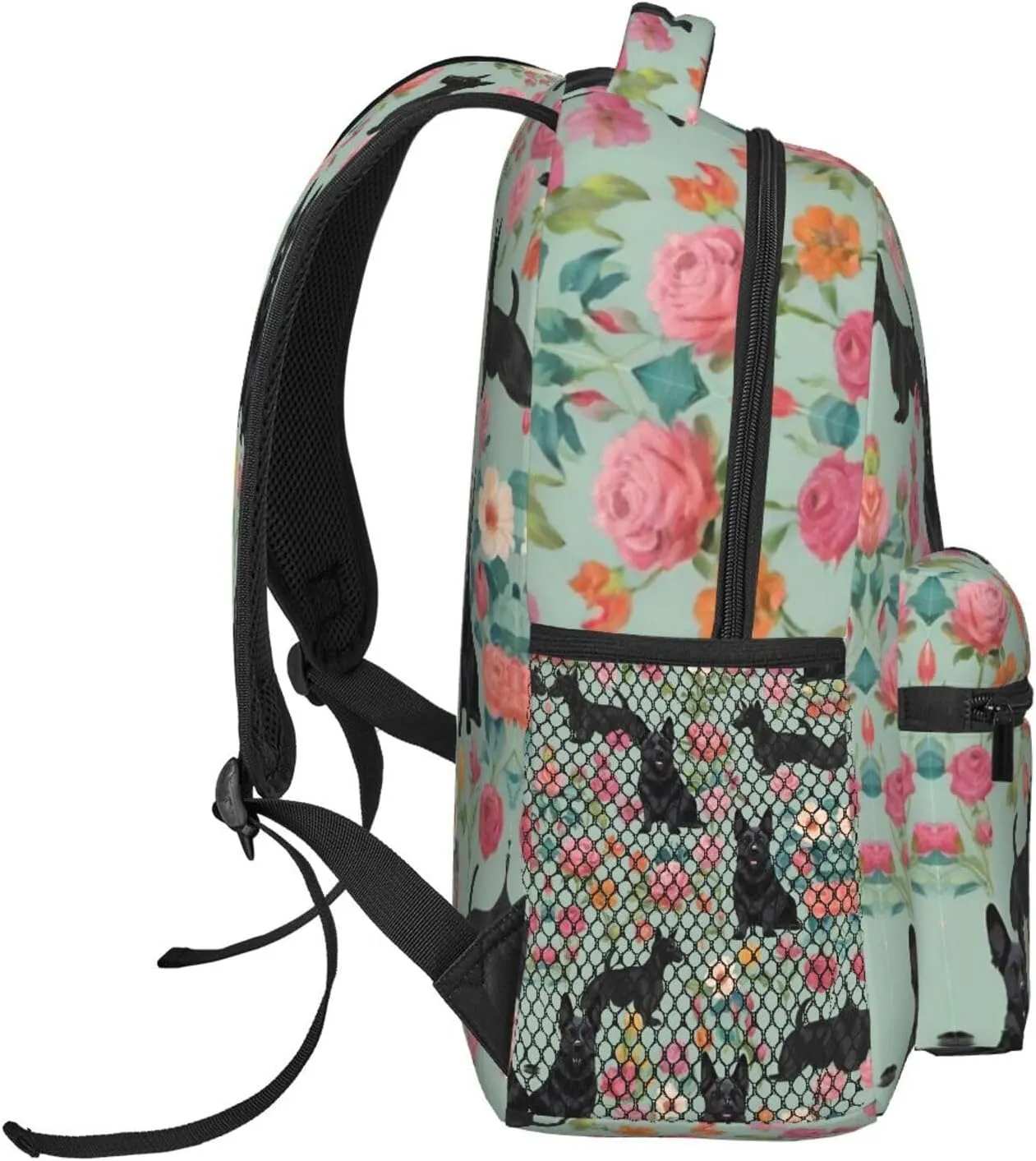 Men & Women Polyester Scottie Dog Floral Art Backpack Large Capacity Bookbag With Smooth Zippers for Climbing Picnic Bicycle
