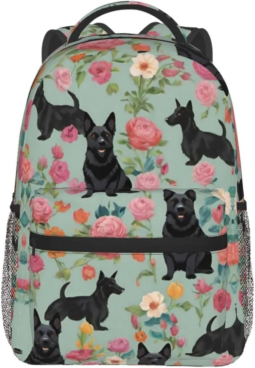 Men & Women Polyester Scottie Dog Floral Art Backpack Large Capacity Bookbag With Smooth Zippers for Climbing Picnic Bicycle