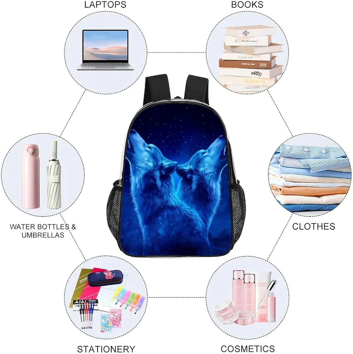 Men & Women Transparent Blue Universe Galaxy Space Two Wolf Art Backpack Large Capacity Bookbag With Smooth Zippers for Climbing Picnic Bicycle