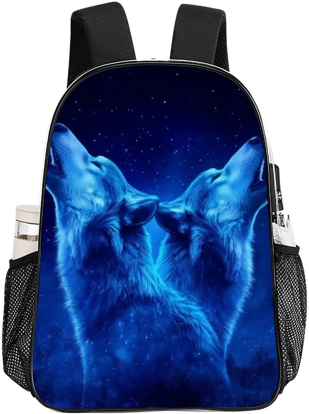 Men & Women Transparent Blue Universe Galaxy Space Two Wolf Art Backpack Large Capacity Bookbag With Smooth Zippers for Climbing Picnic Bicycle