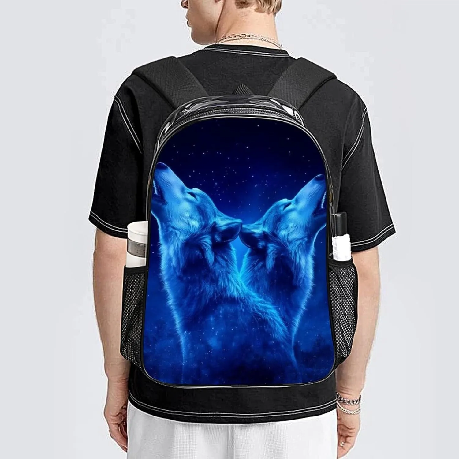 Men & Women Transparent Blue Universe Galaxy Space Two Wolf Art Backpack Large Capacity Bookbag With Smooth Zippers for Climbing Picnic Bicycle