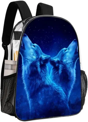 Men & Women Transparent Blue Universe Galaxy Space Two Wolf Art Backpack Large Capacity Bookbag With Smooth Zippers for Climbing Picnic Bicycle