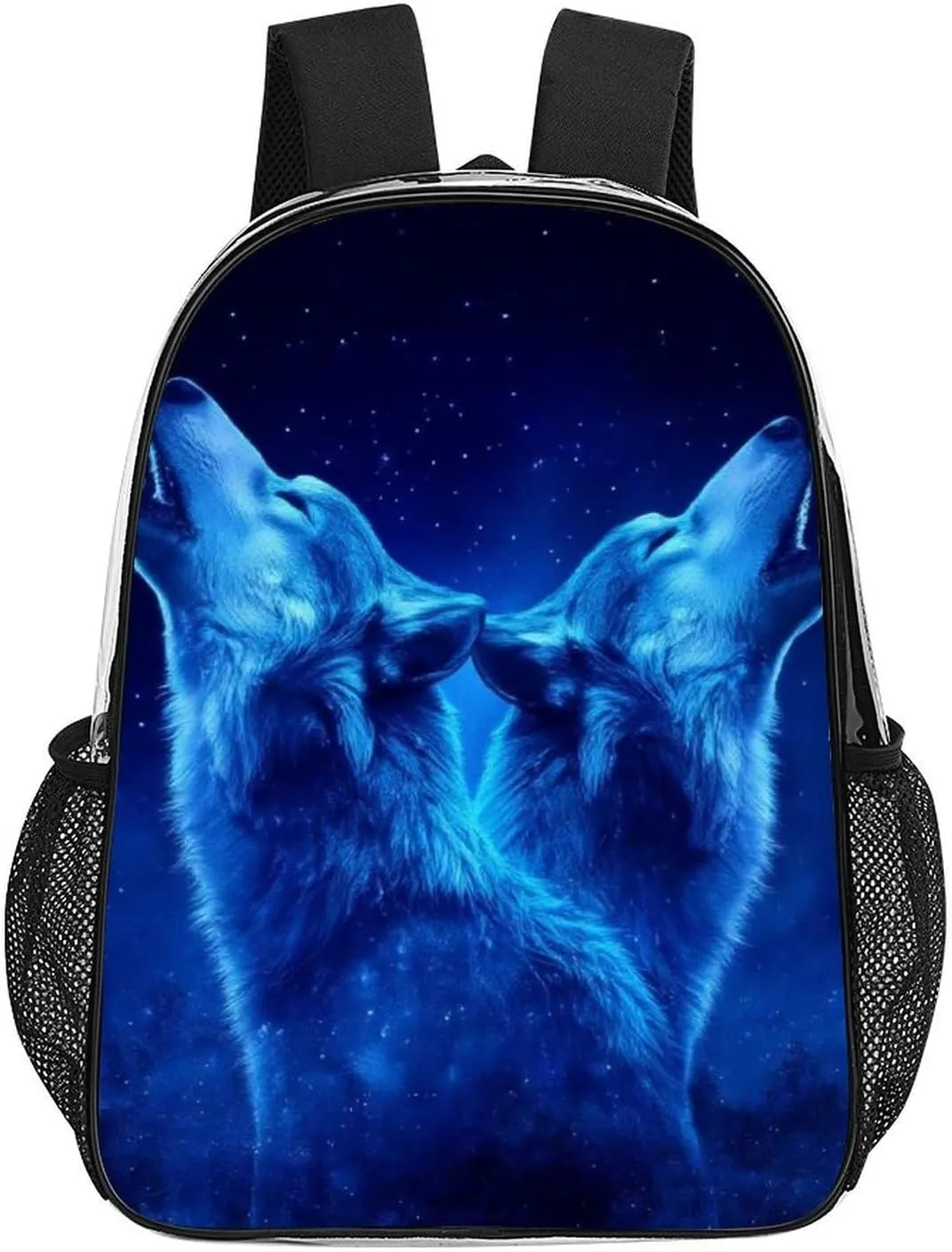 Men & Women Transparent Blue Universe Galaxy Space Two Wolf Art Backpack Large Capacity Bookbag With Smooth Zippers for Climbing Picnic Bicycle