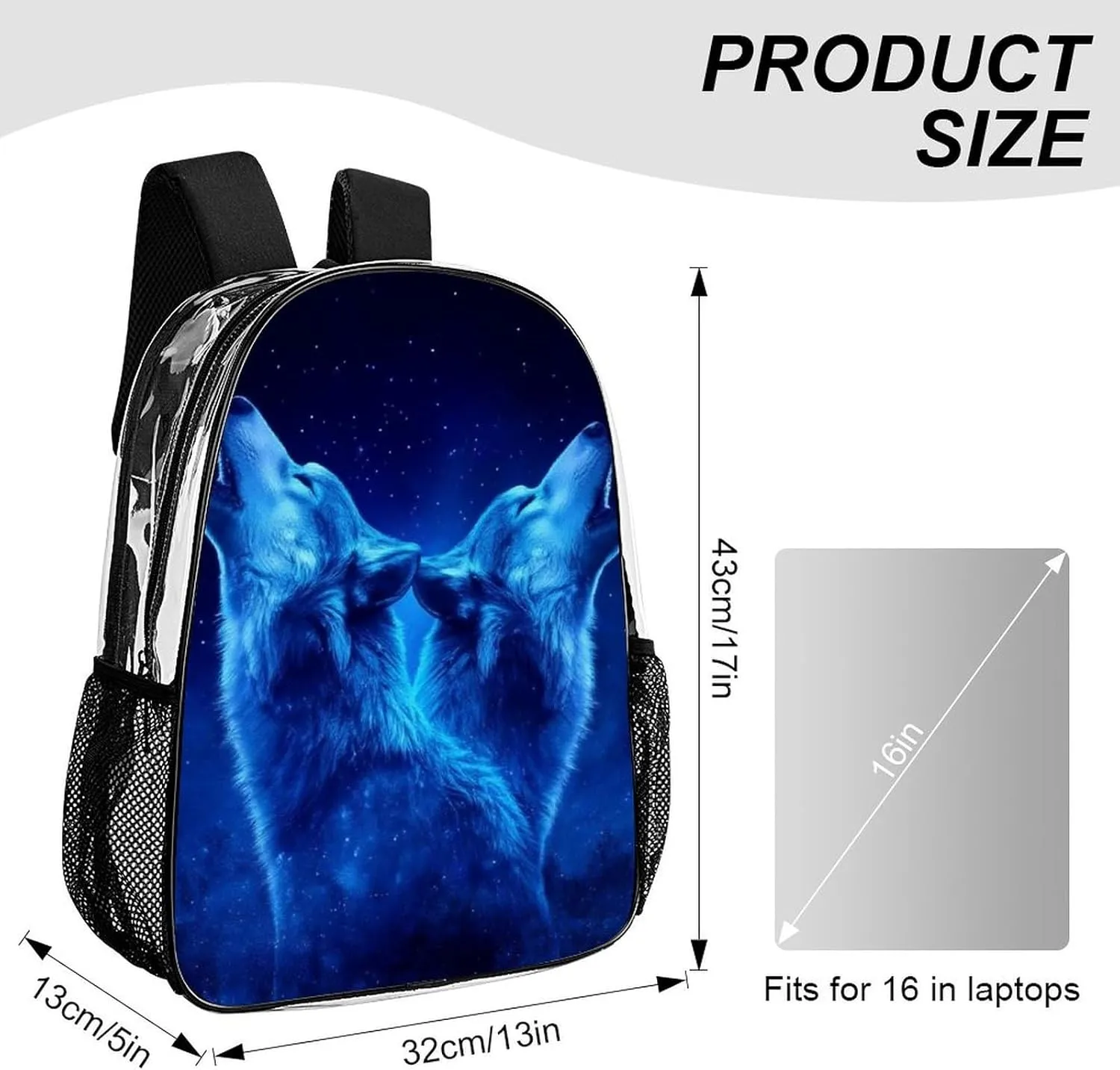 Men & Women Transparent Blue Universe Galaxy Space Two Wolf Art Backpack Large Capacity Bookbag With Smooth Zippers for Climbing Picnic Bicycle