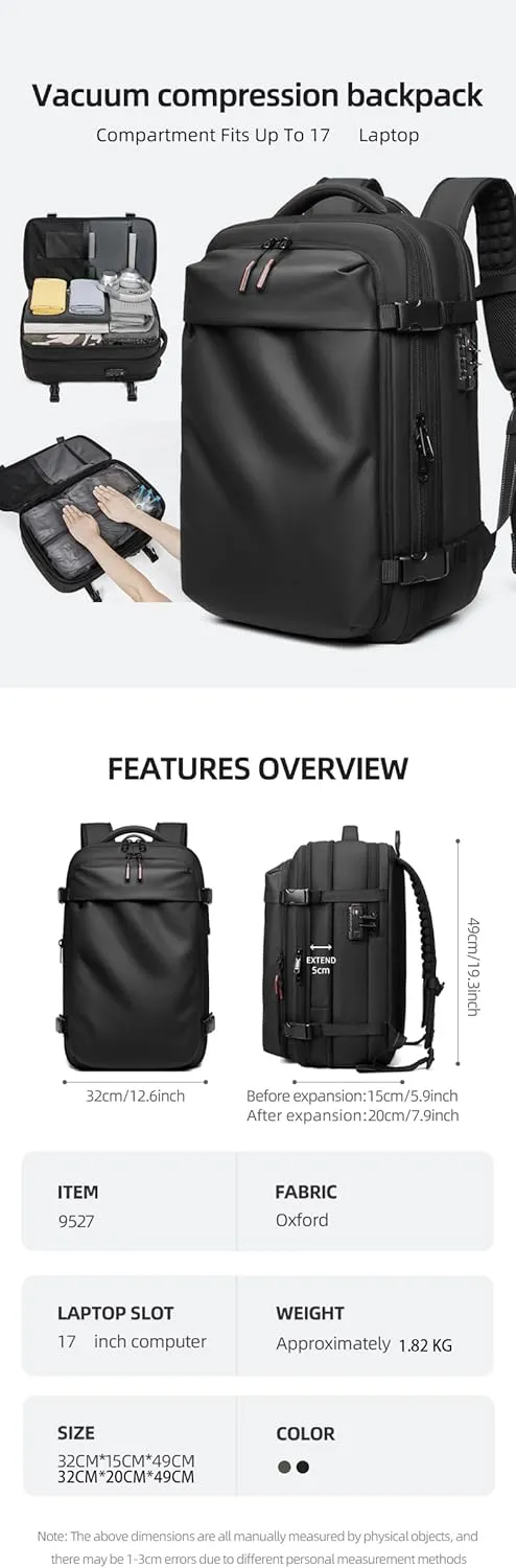 Men Travel Backpack vacuum compression Laptop Backpack Large Capacity Backpack 17 inch Extended Hiking Business backpack (black)