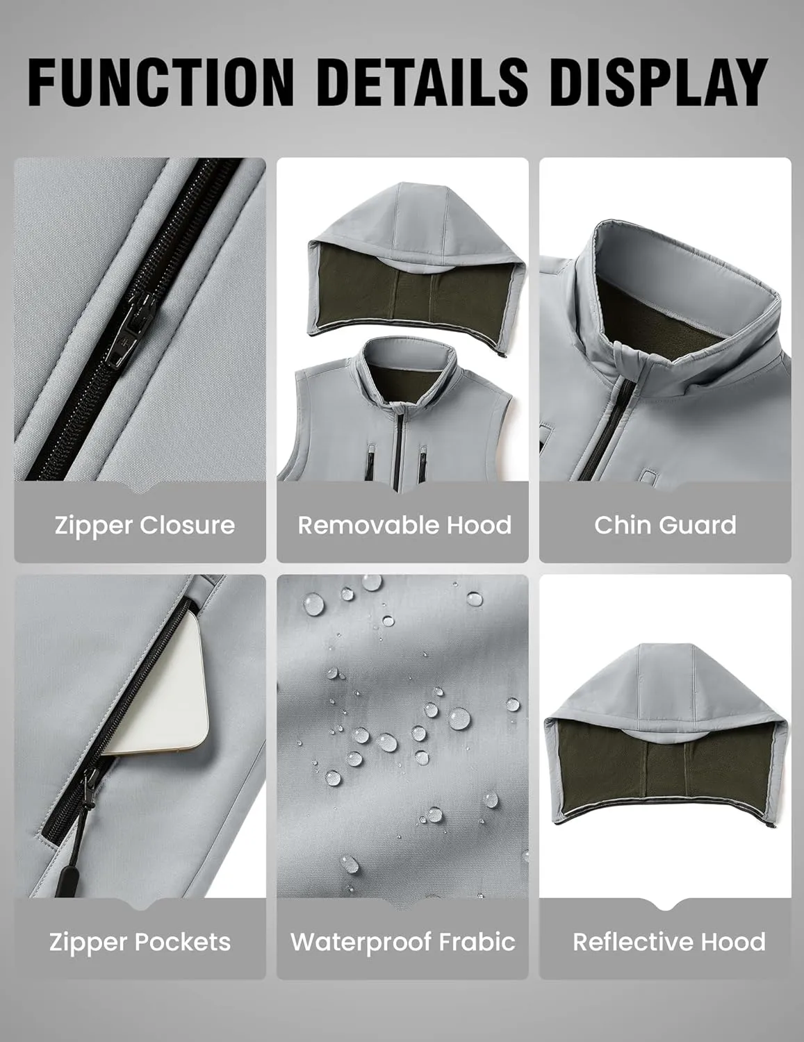 Men Vest Outerwear Windproof Vests Fleece Sleeveless Jacket with Detachable Hood for Golf Hiking