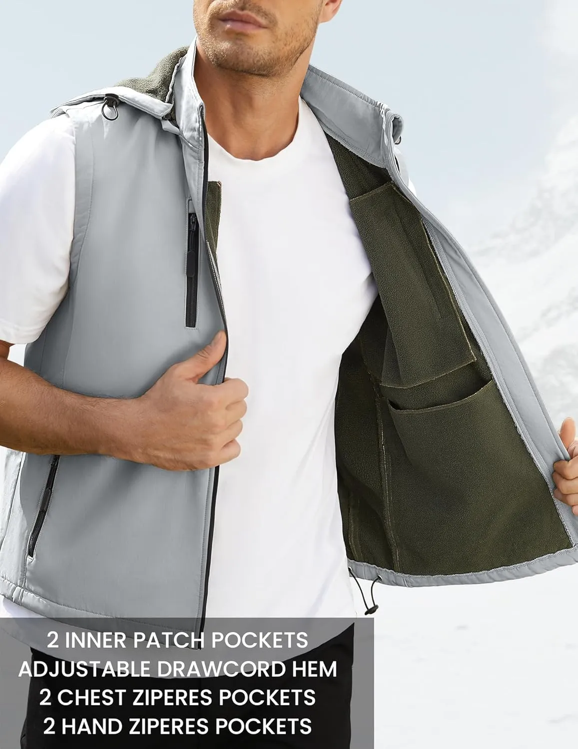 Men Vest Outerwear Windproof Vests Fleece Sleeveless Jacket with Detachable Hood for Golf Hiking