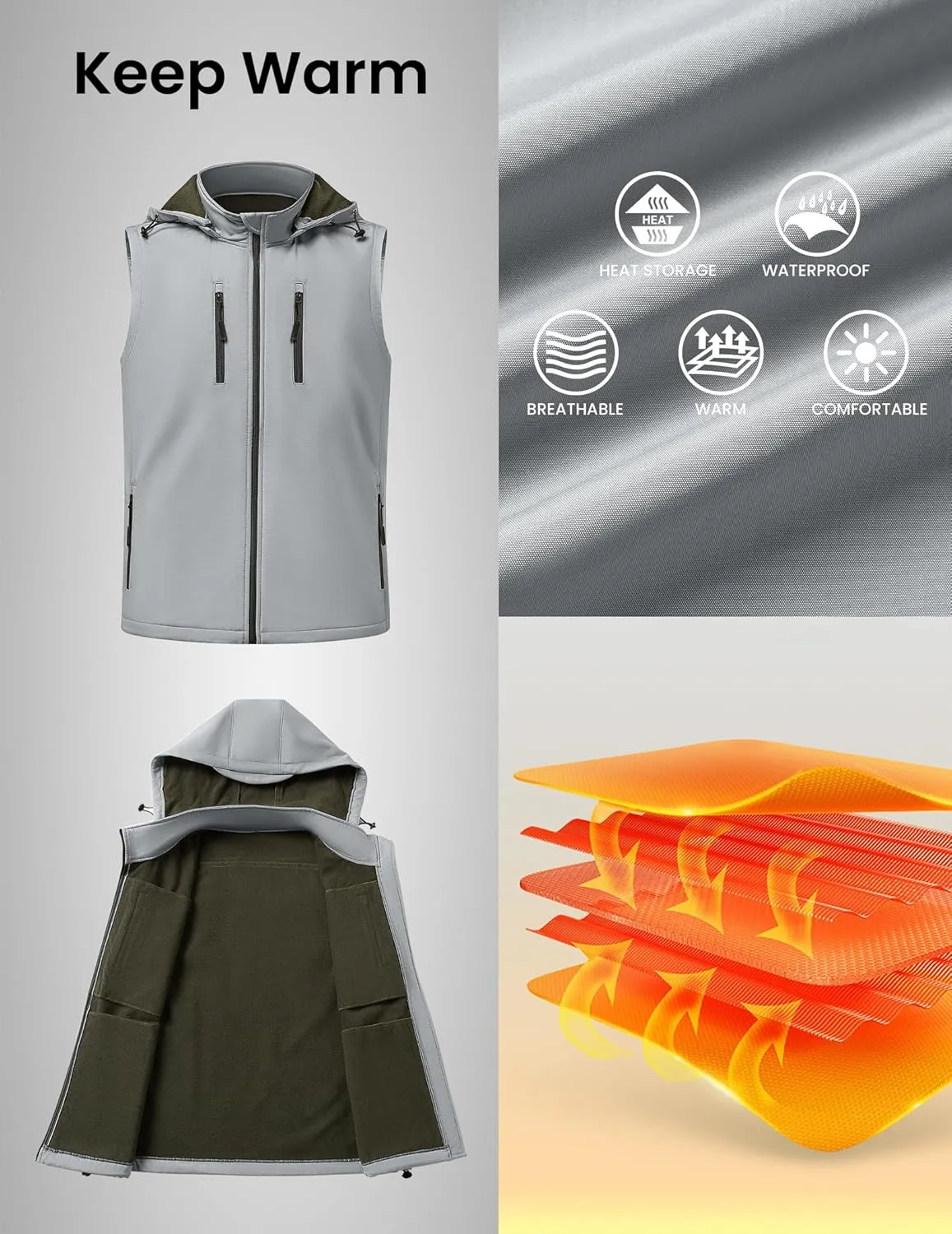 Men Vest Outerwear Windproof Vests Fleece Sleeveless Jacket with Detachable Hood for Golf Hiking