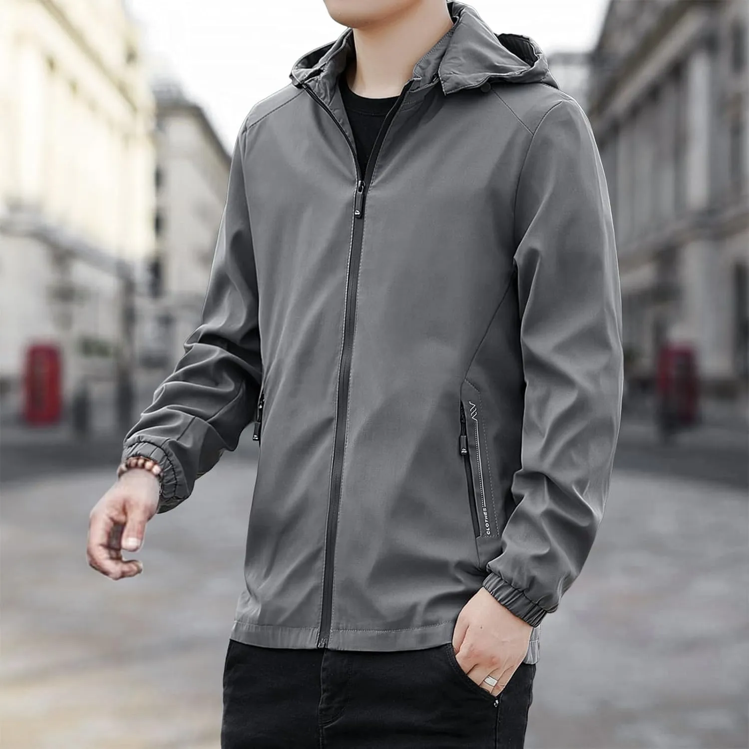 Men Waterproof Lightweight Rain Jacket Breathable Active Outdoor Hooded Raincoat Casual Trendy Work Jacket for Hiking