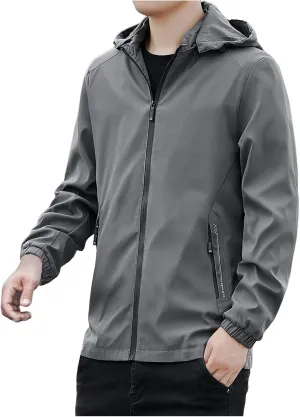 Men Waterproof Lightweight Rain Jacket Breathable Active Outdoor Hooded Raincoat Casual Trendy Work Jacket for Hiking