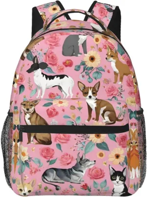 Men Women Lightweight Chihuahua Dog Cute Pink Floral Art Backpack Large Capacity Bookbag With Smooth Zippers for Gym Business Running