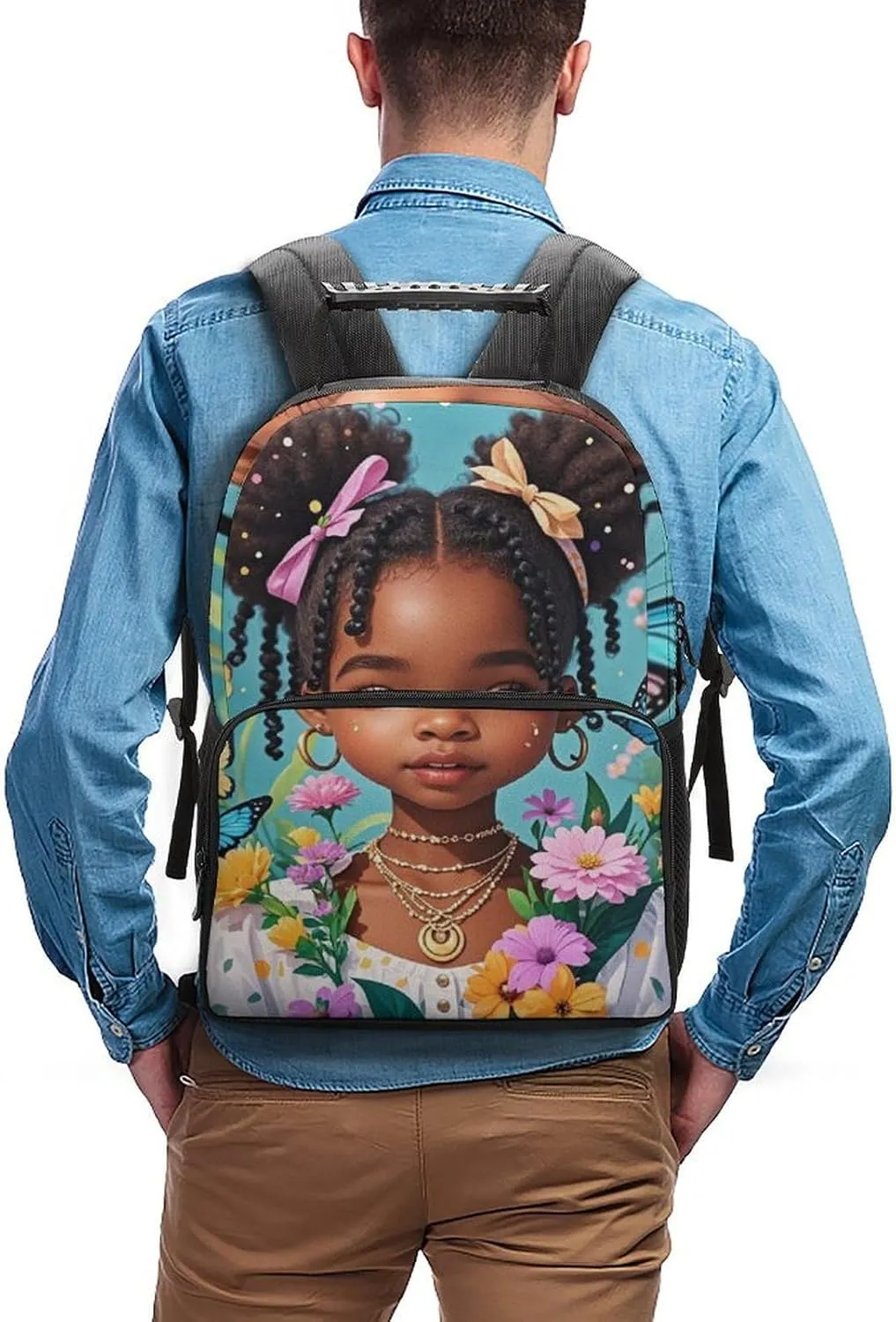 Men Women Lightweight Colorful Afro American Black Woman With Butterflies Art Daypack Bookbag Big Capacity Carry On Bag With Side Pockets for Camping Travel Bicycle