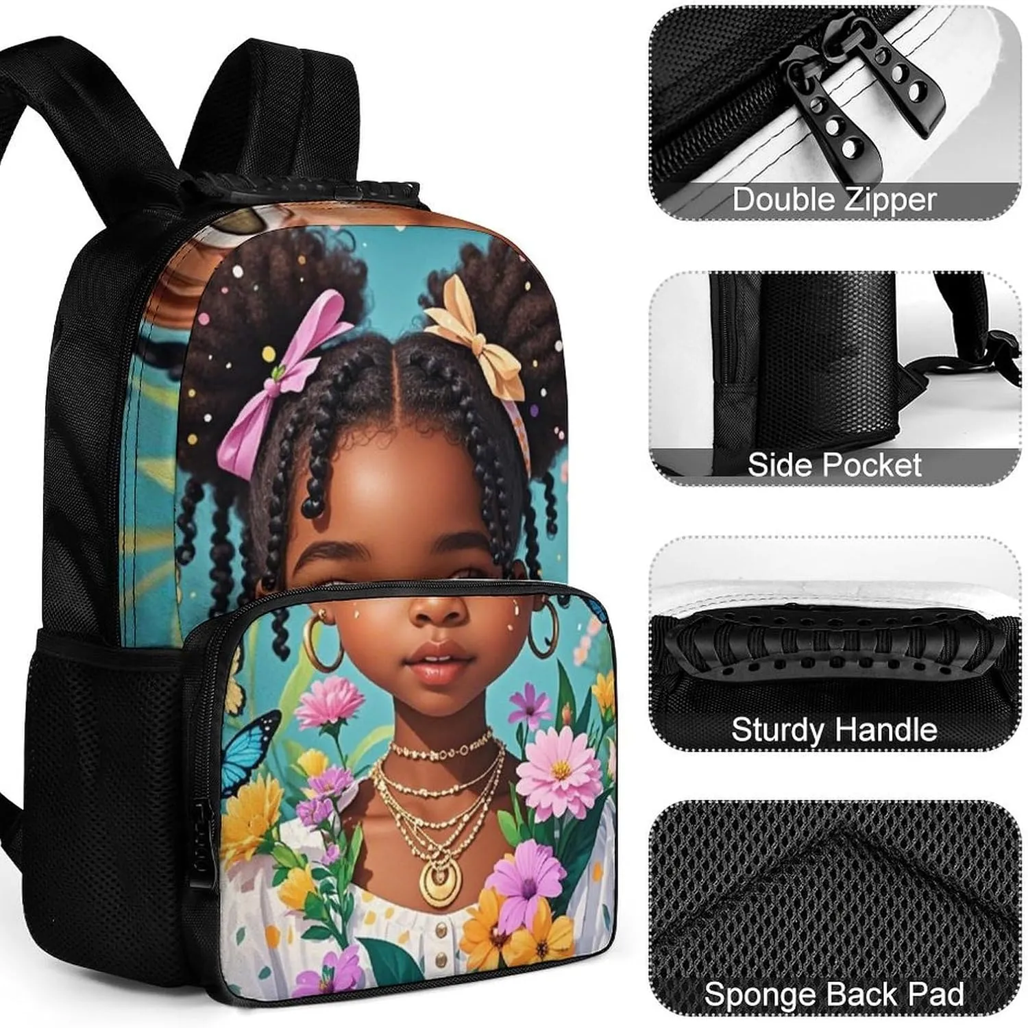 Men Women Lightweight Colorful Afro American Black Woman With Butterflies Art Daypack Bookbag Big Capacity Carry On Bag With Side Pockets for Camping Travel Bicycle