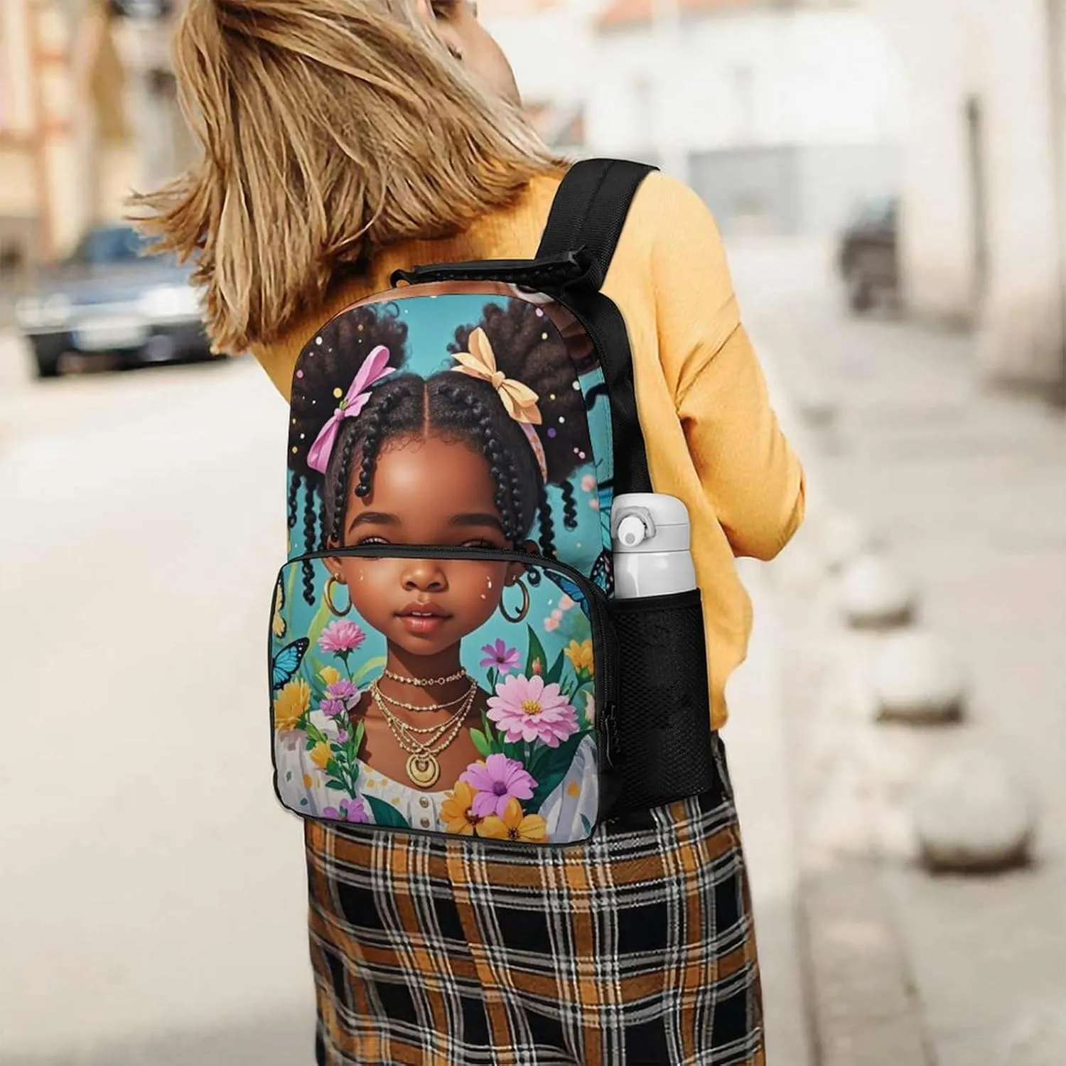Men Women Lightweight Colorful Afro American Black Woman With Butterflies Art Daypack Bookbag Big Capacity Carry On Bag With Side Pockets for Camping Travel Bicycle