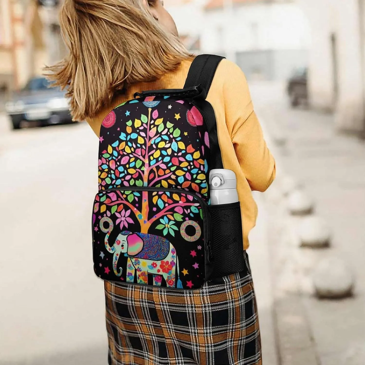 Men Women Lightweight Elephant Tree Lucky Art Daypack Bookbag Big Capacity Carry On Bag With Side Pockets for Camping Travel Bicycle