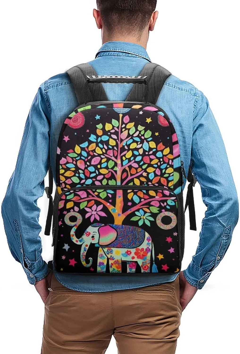 Men Women Lightweight Elephant Tree Lucky Art Daypack Bookbag Big Capacity Carry On Bag With Side Pockets for Camping Travel Bicycle