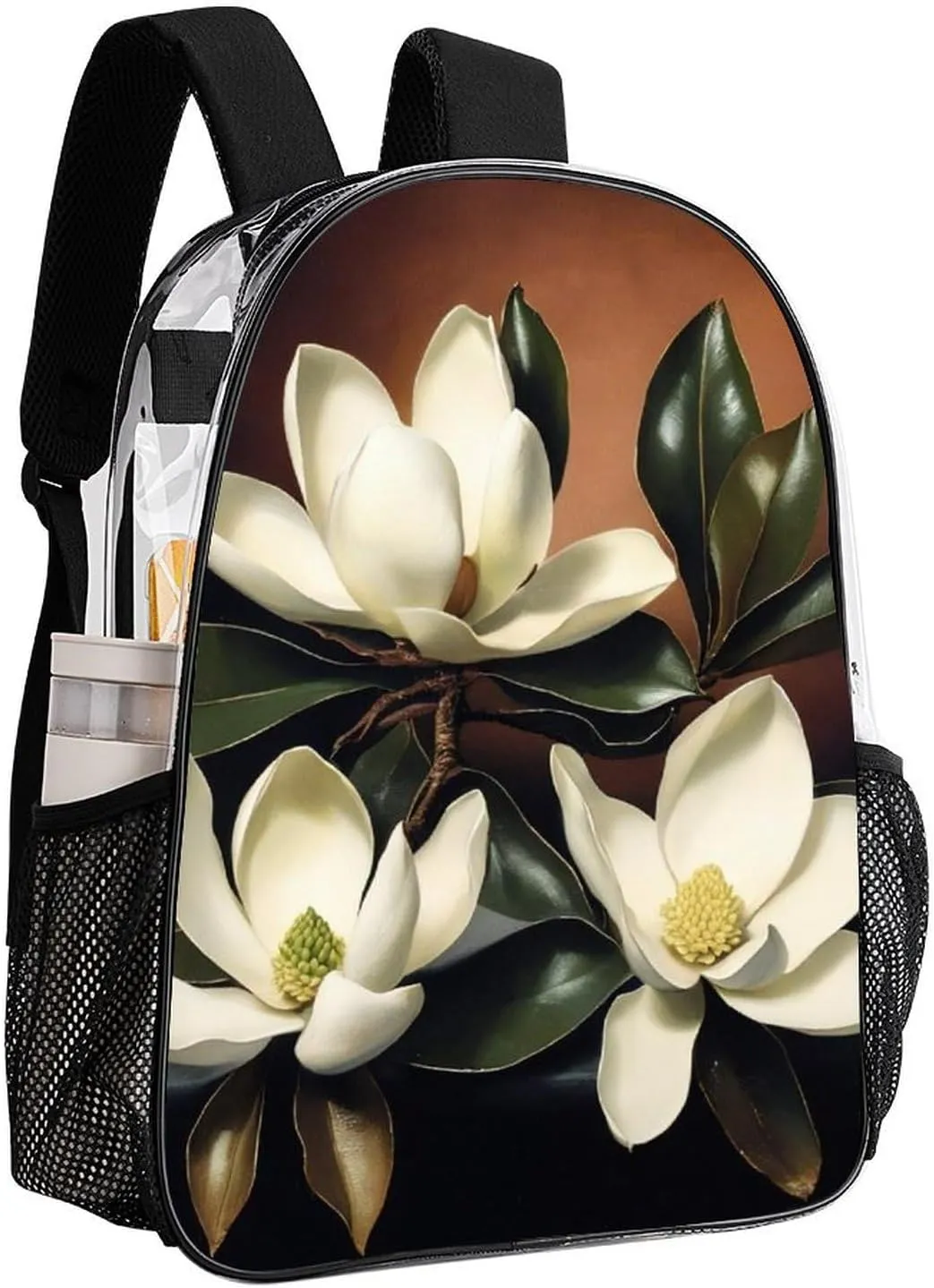 Men Women Lightweight Giant Magnolias Flowers Painting Casual Daypack Big Capacity Bookbag Transparent Bag for Gym Travel Walking Cycling