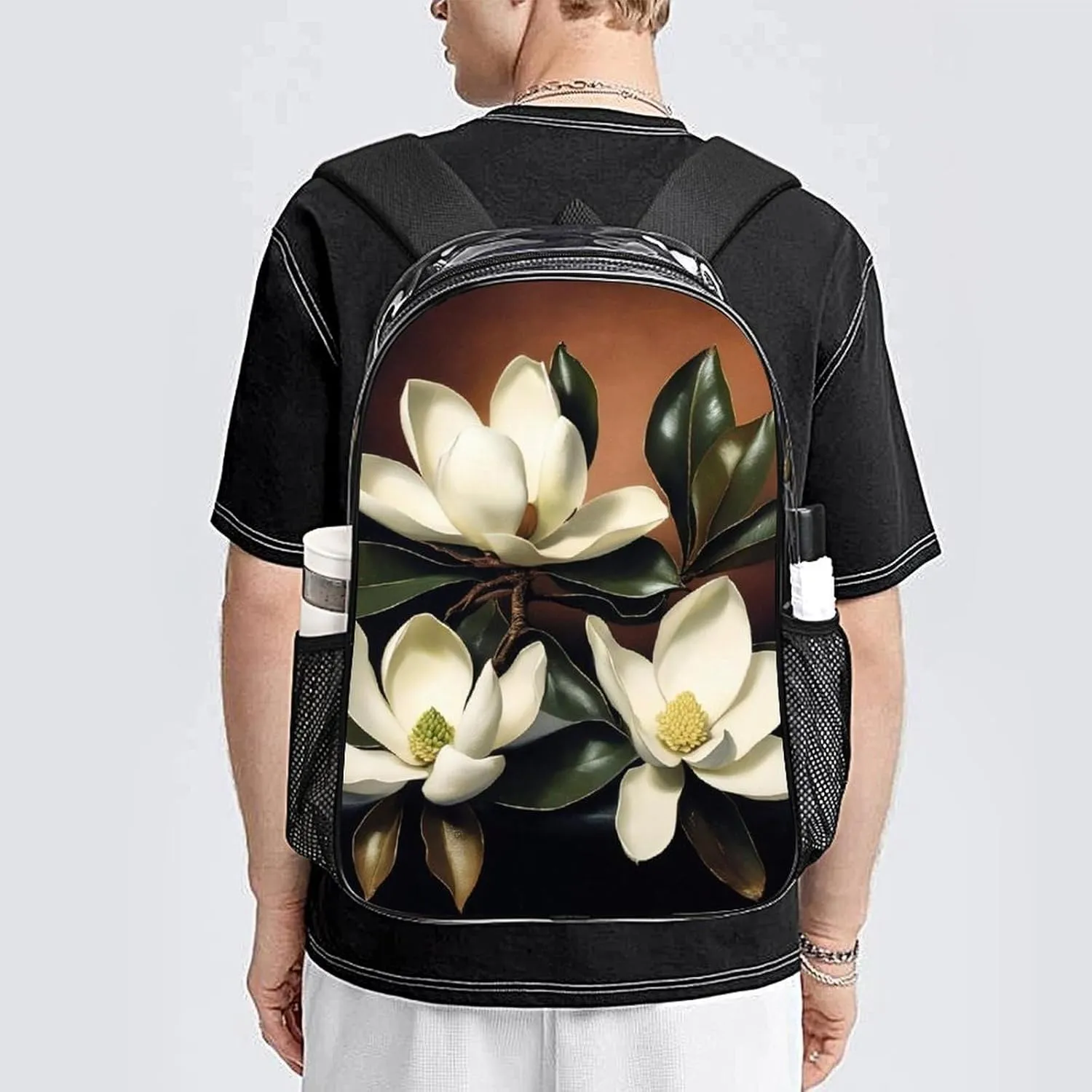 Men Women Lightweight Giant Magnolias Flowers Painting Casual Daypack Big Capacity Bookbag Transparent Bag for Gym Travel Walking Cycling