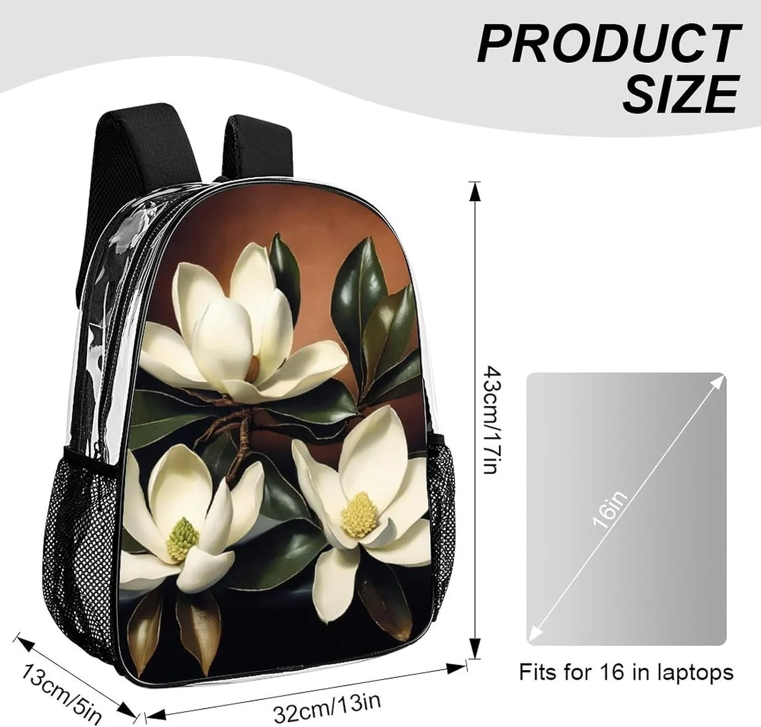 Men Women Lightweight Giant Magnolias Flowers Painting Casual Daypack Big Capacity Bookbag Transparent Bag for Gym Travel Walking Cycling