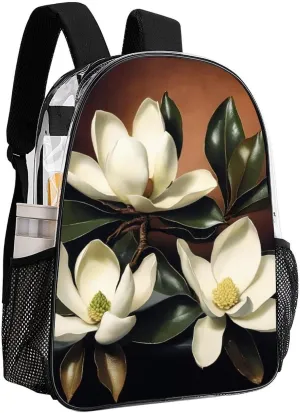 Men Women Lightweight Giant Magnolias Flowers Painting Casual Daypack Big Capacity Bookbag Transparent Bag for Gym Travel Walking Cycling