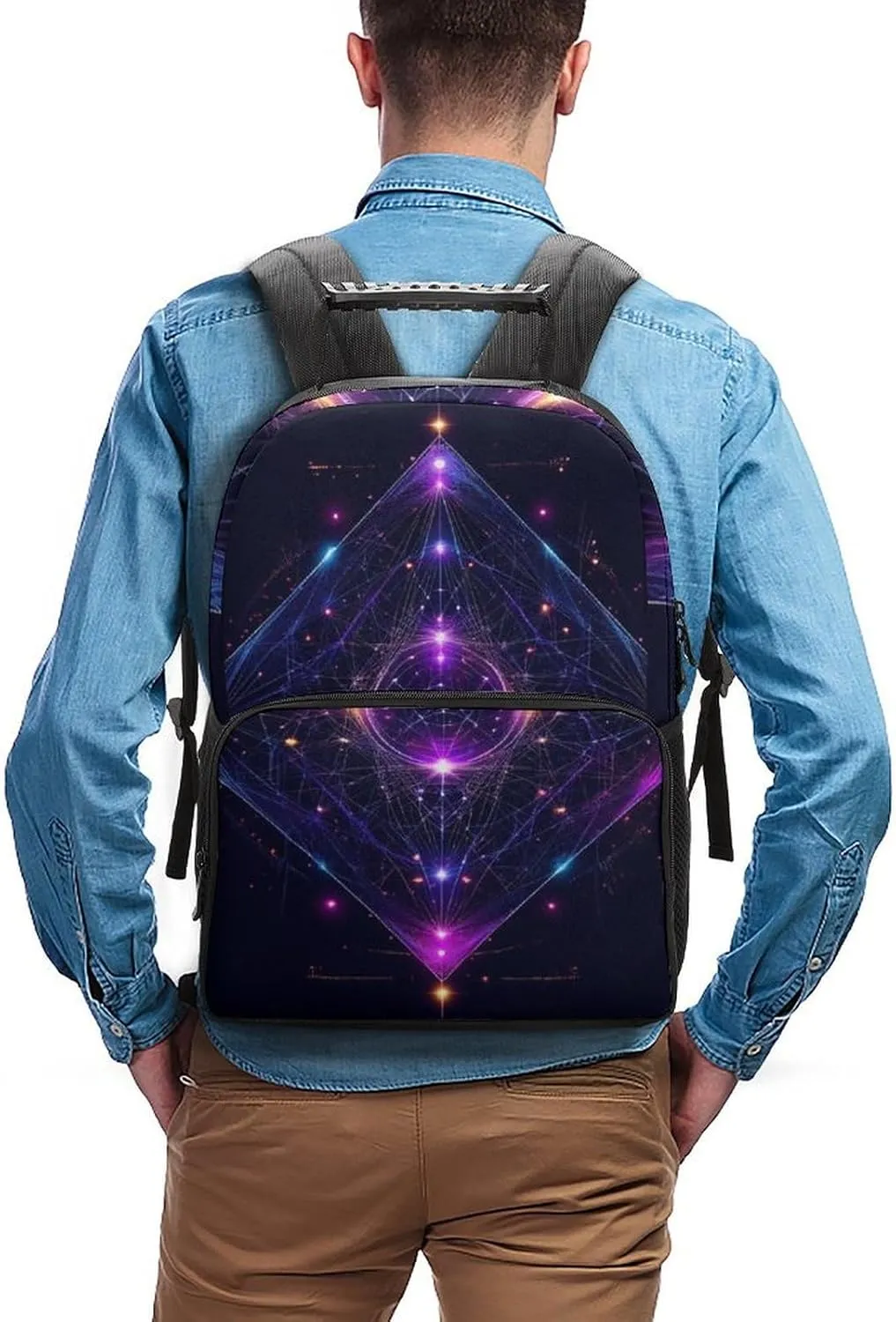 Men Women Lightweight Sacred Geometry Symbols Sun Moon Trippy Purple Casual Daypack Big Capacity Bookbag With Padded Straps for Gym Travel Walking Cycling