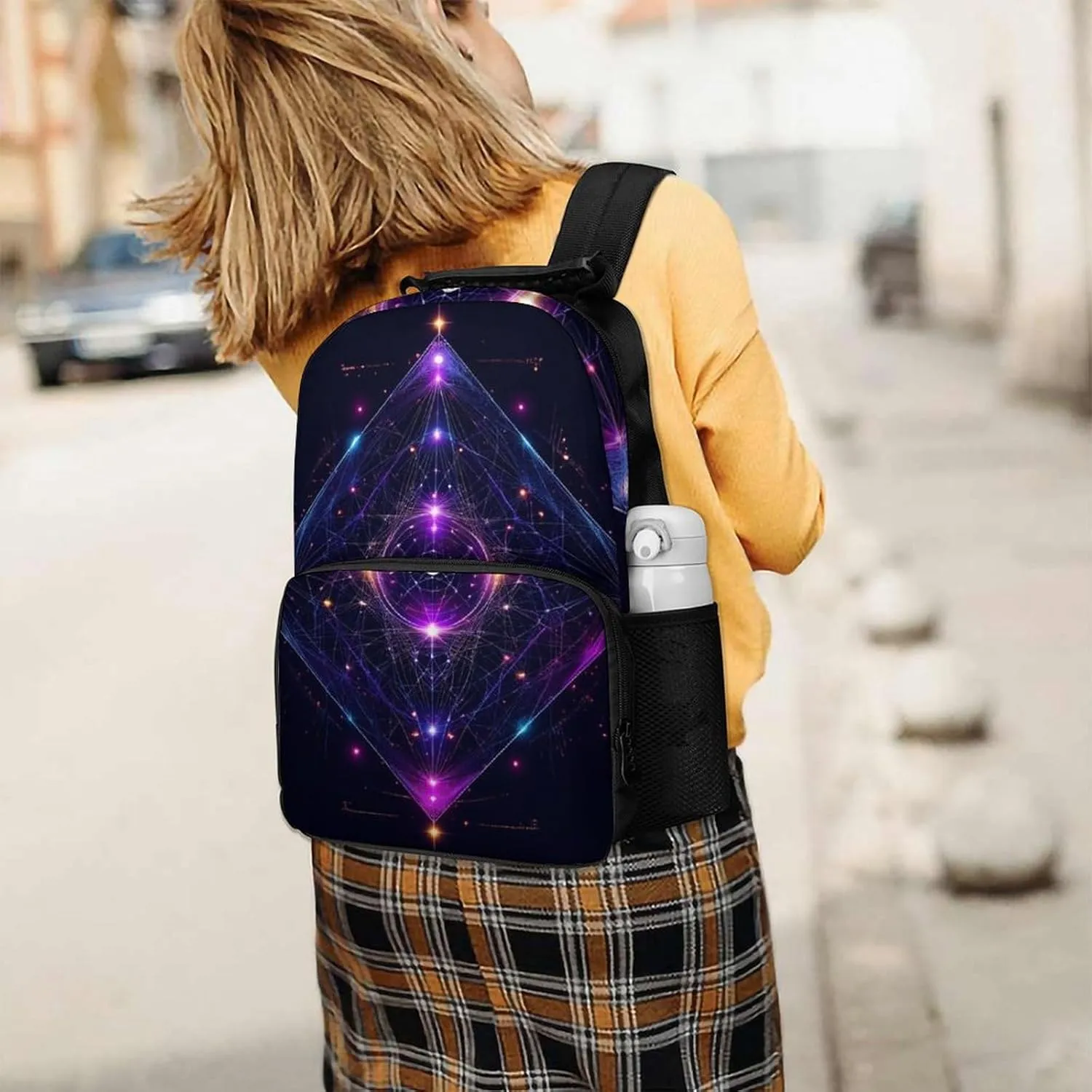 Men Women Lightweight Sacred Geometry Symbols Sun Moon Trippy Purple Casual Daypack Big Capacity Bookbag With Padded Straps for Gym Travel Walking Cycling