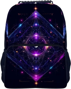 Men Women Lightweight Sacred Geometry Symbols Sun Moon Trippy Purple Casual Daypack Big Capacity Bookbag With Padded Straps for Gym Travel Walking Cycling
