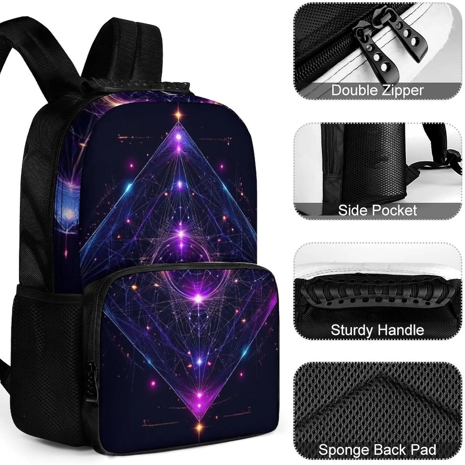 Men Women Lightweight Sacred Geometry Symbols Sun Moon Trippy Purple Casual Daypack Big Capacity Bookbag With Padded Straps for Gym Travel Walking Cycling