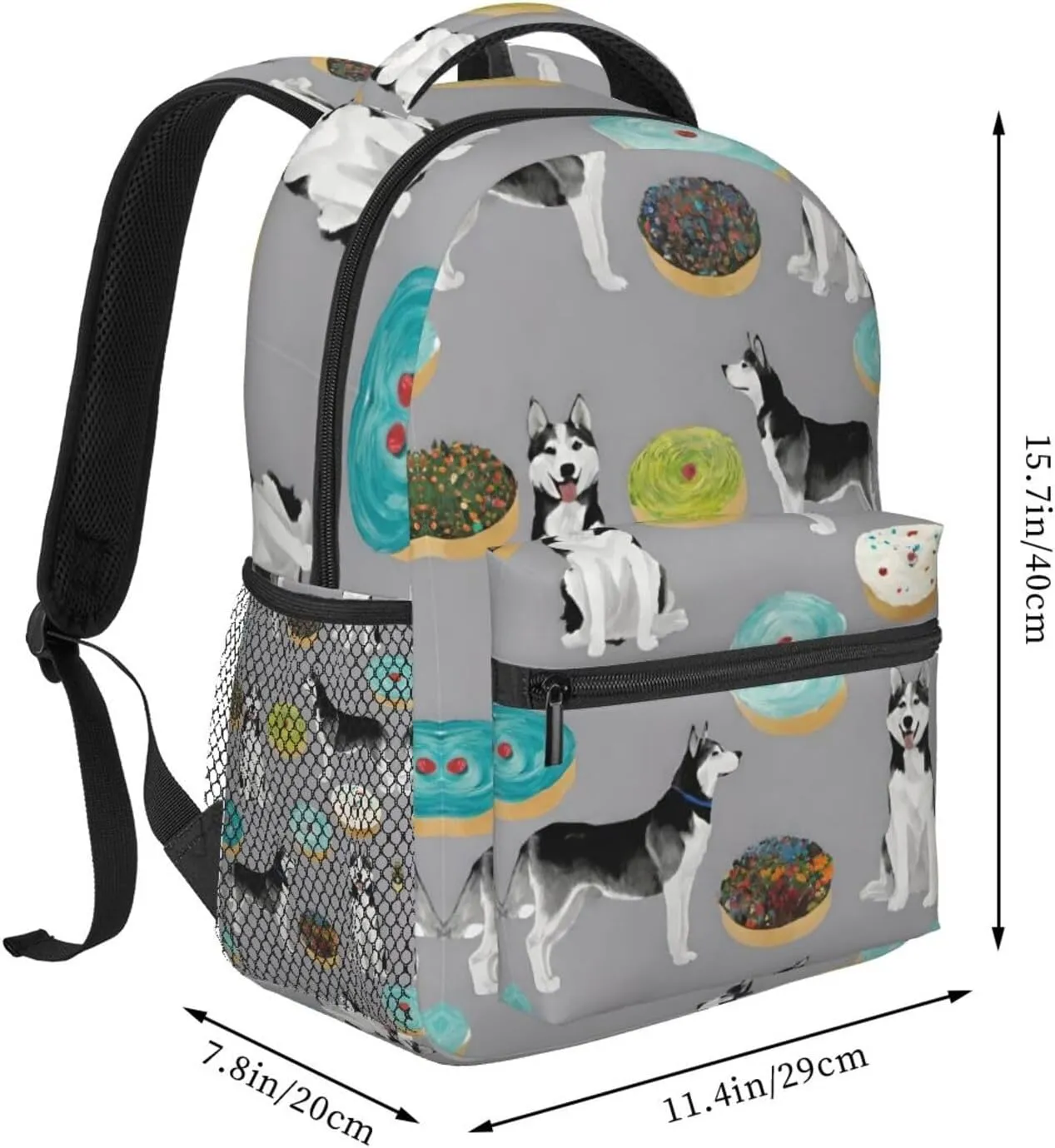Men Women Polyester Grey Blue Donut Dog Art Daypack Big Capacity Shoulder Bag With Adjustable Shoulder Straps for Camping Travel Walking Cycling