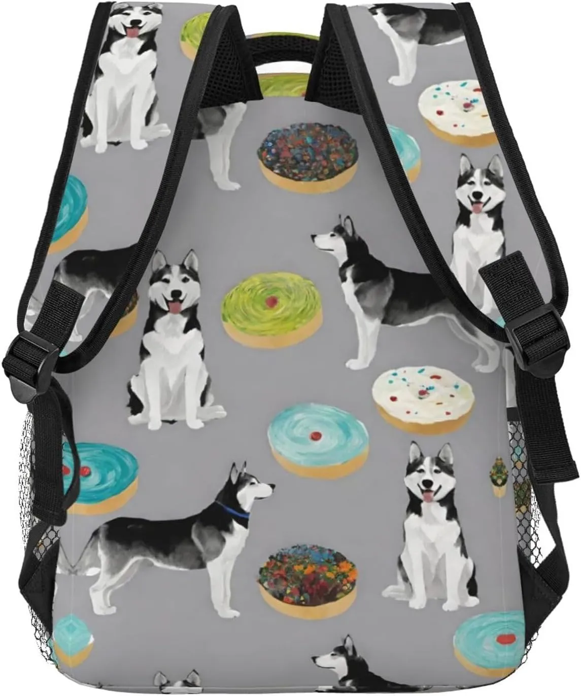 Men Women Polyester Grey Blue Donut Dog Art Daypack Big Capacity Shoulder Bag With Adjustable Shoulder Straps for Camping Travel Walking Cycling