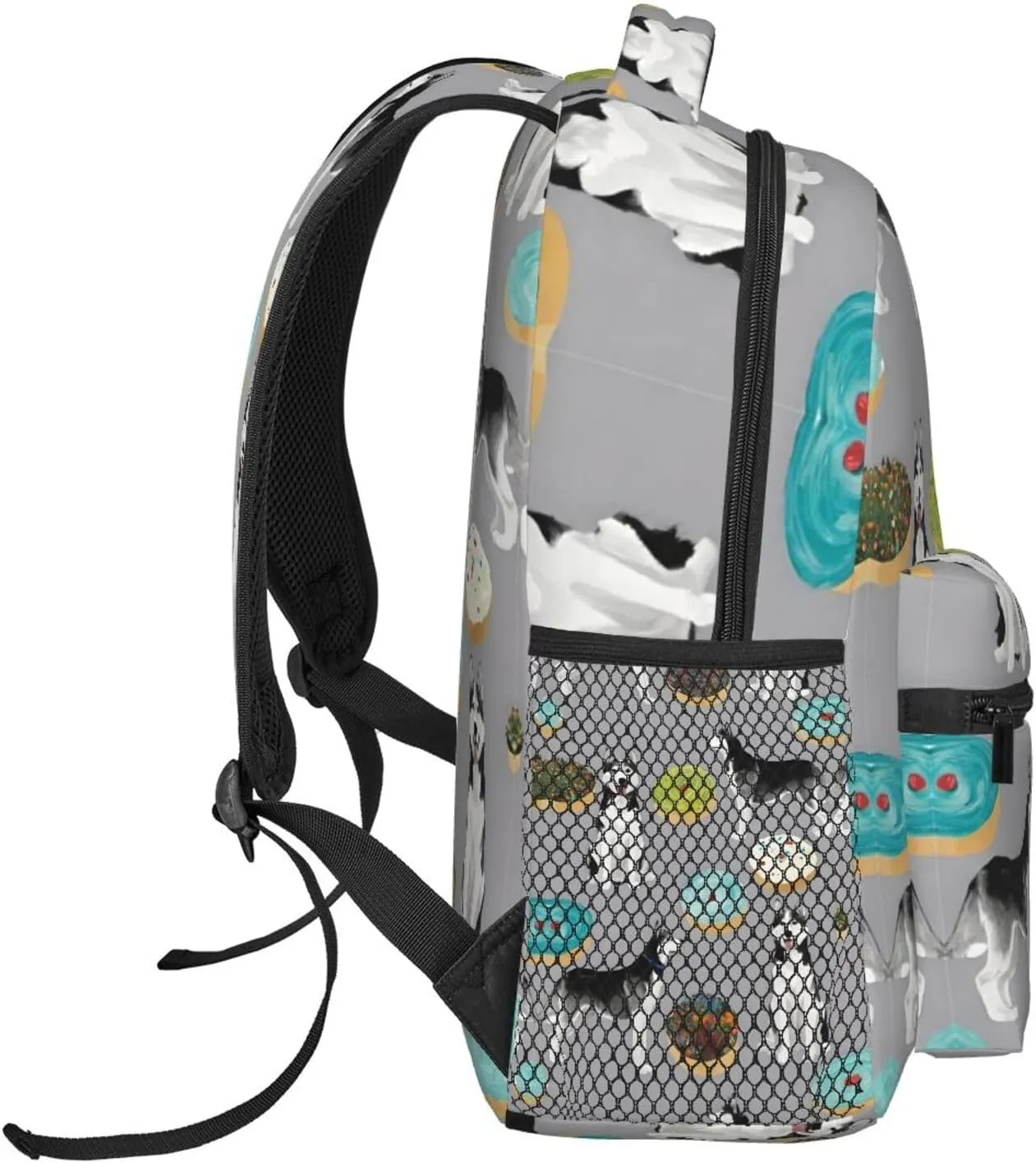 Men Women Polyester Grey Blue Donut Dog Art Daypack Big Capacity Shoulder Bag With Adjustable Shoulder Straps for Camping Travel Walking Cycling