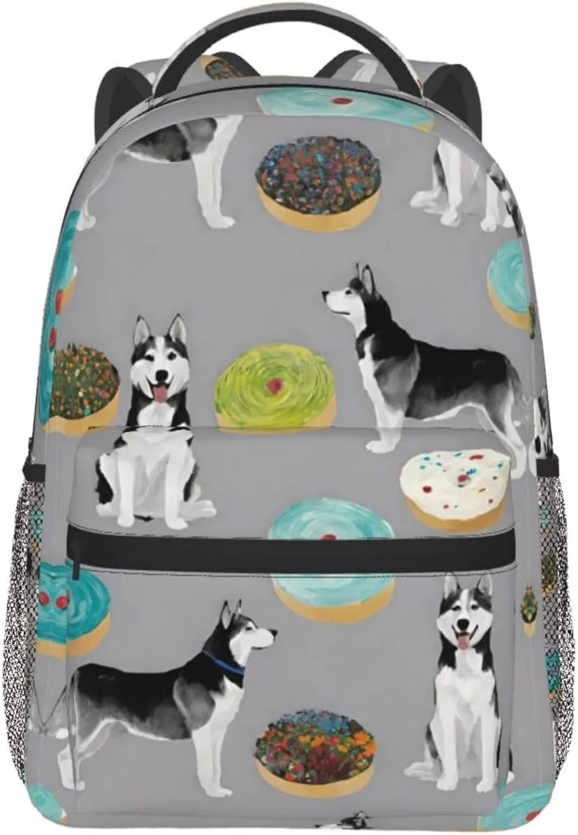 Men Women Polyester Grey Blue Donut Dog Art Daypack Big Capacity Shoulder Bag With Adjustable Shoulder Straps for Camping Travel Walking Cycling