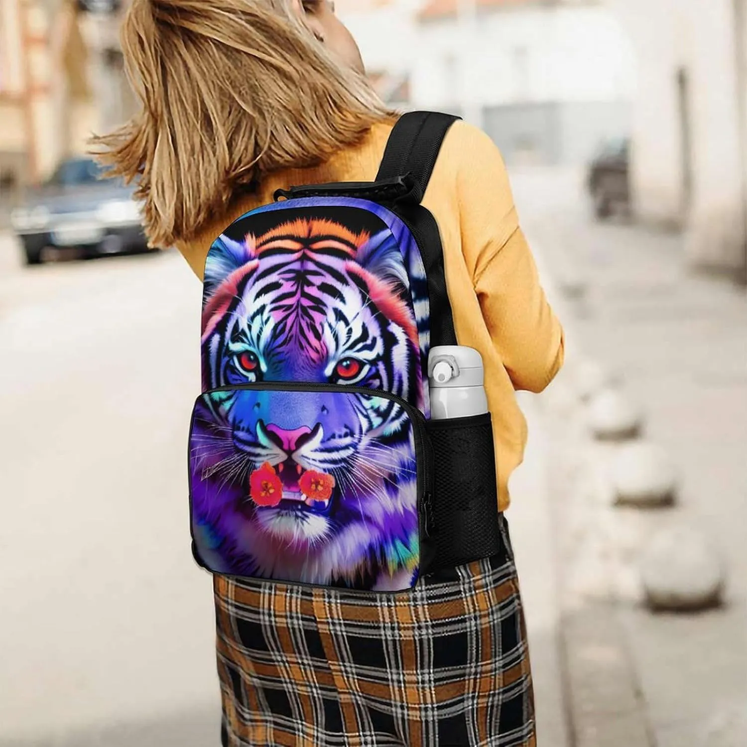 Men Women Polyester King Of The Tiger Flower Art Daypack Big Capacity Shoulder Bag With Smooth Zippers for Hiking Work Walking Cycling