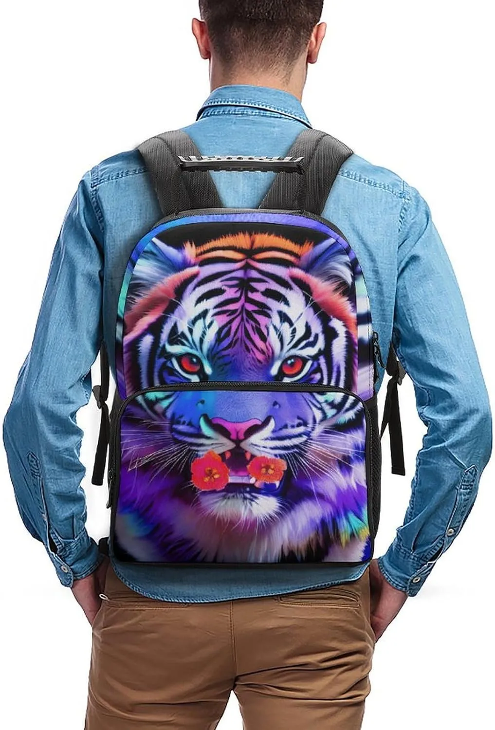 Men Women Polyester King Of The Tiger Flower Art Daypack Big Capacity Shoulder Bag With Smooth Zippers for Hiking Work Walking Cycling
