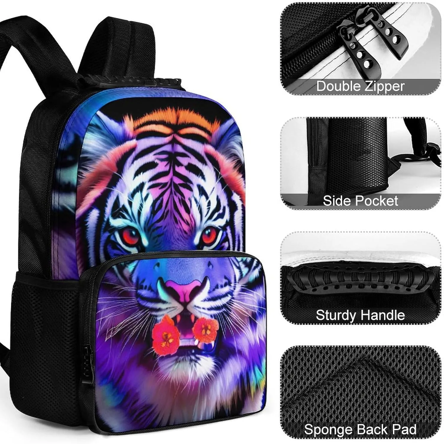 Men Women Polyester King Of The Tiger Flower Art Daypack Big Capacity Shoulder Bag With Smooth Zippers for Hiking Work Walking Cycling