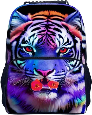Men Women Polyester King Of The Tiger Flower Art Daypack Big Capacity Shoulder Bag With Smooth Zippers for Hiking Work Walking Cycling