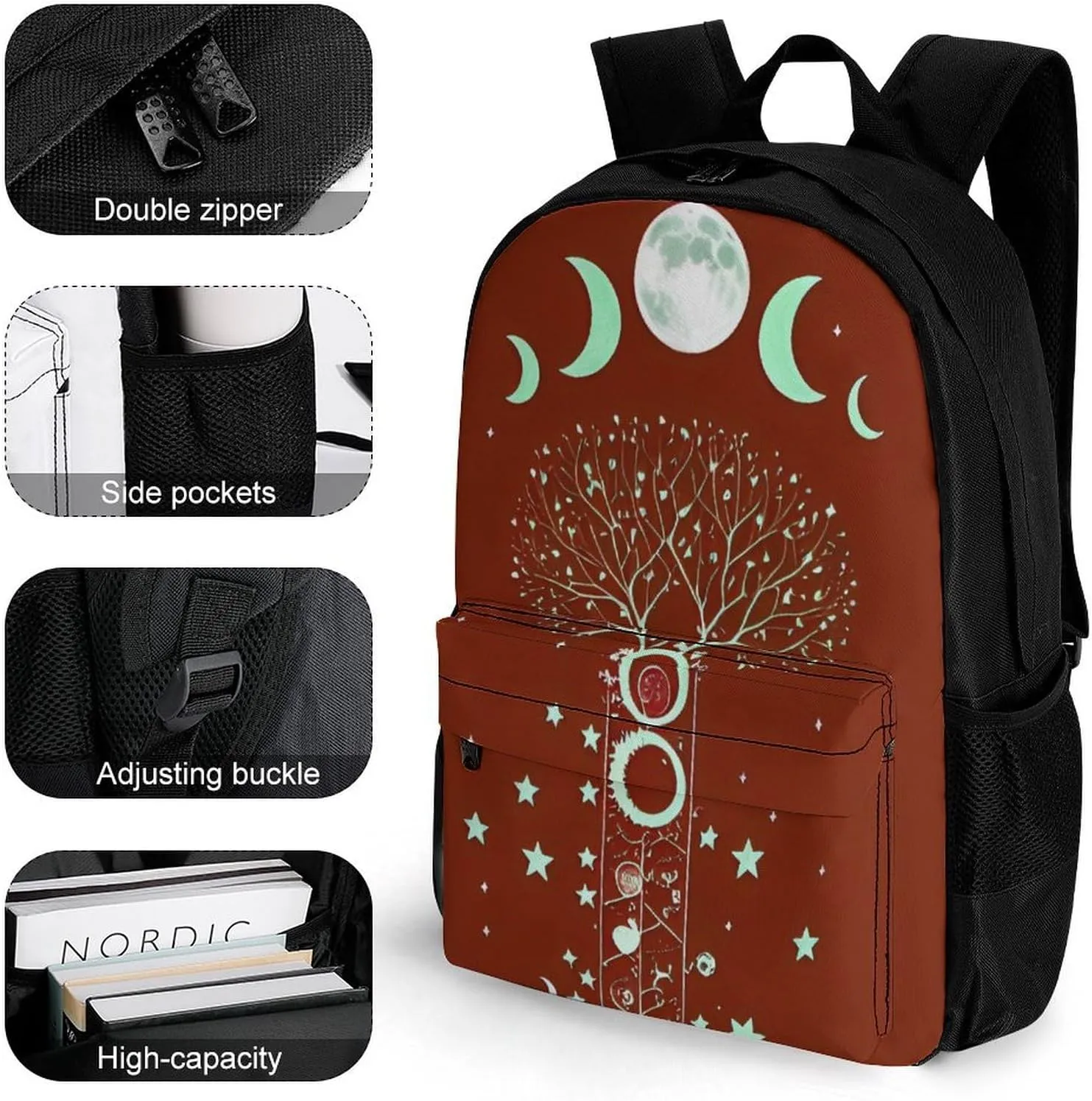 Men Women Polyester Moon Phase Space Tree Art Daypack Big Capacity Shoulder Bag With Smooth Zippers for Hiking Work Walking Cycling