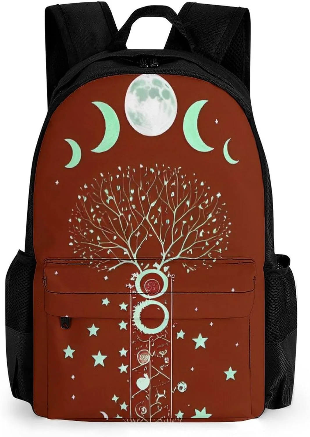 Men Women Polyester Moon Phase Space Tree Art Daypack Big Capacity Shoulder Bag With Smooth Zippers for Hiking Work Walking Cycling