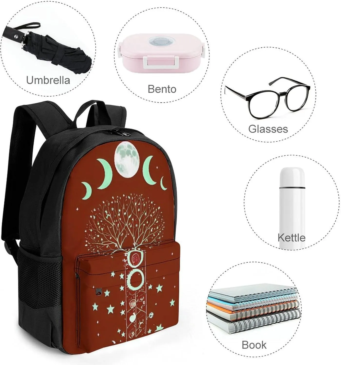 Men Women Polyester Moon Phase Space Tree Art Daypack Big Capacity Shoulder Bag With Smooth Zippers for Hiking Work Walking Cycling