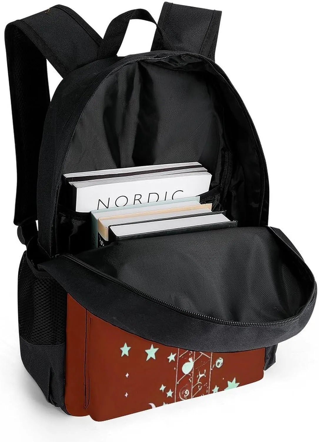 Men Women Polyester Moon Phase Space Tree Art Daypack Big Capacity Shoulder Bag With Smooth Zippers for Hiking Work Walking Cycling