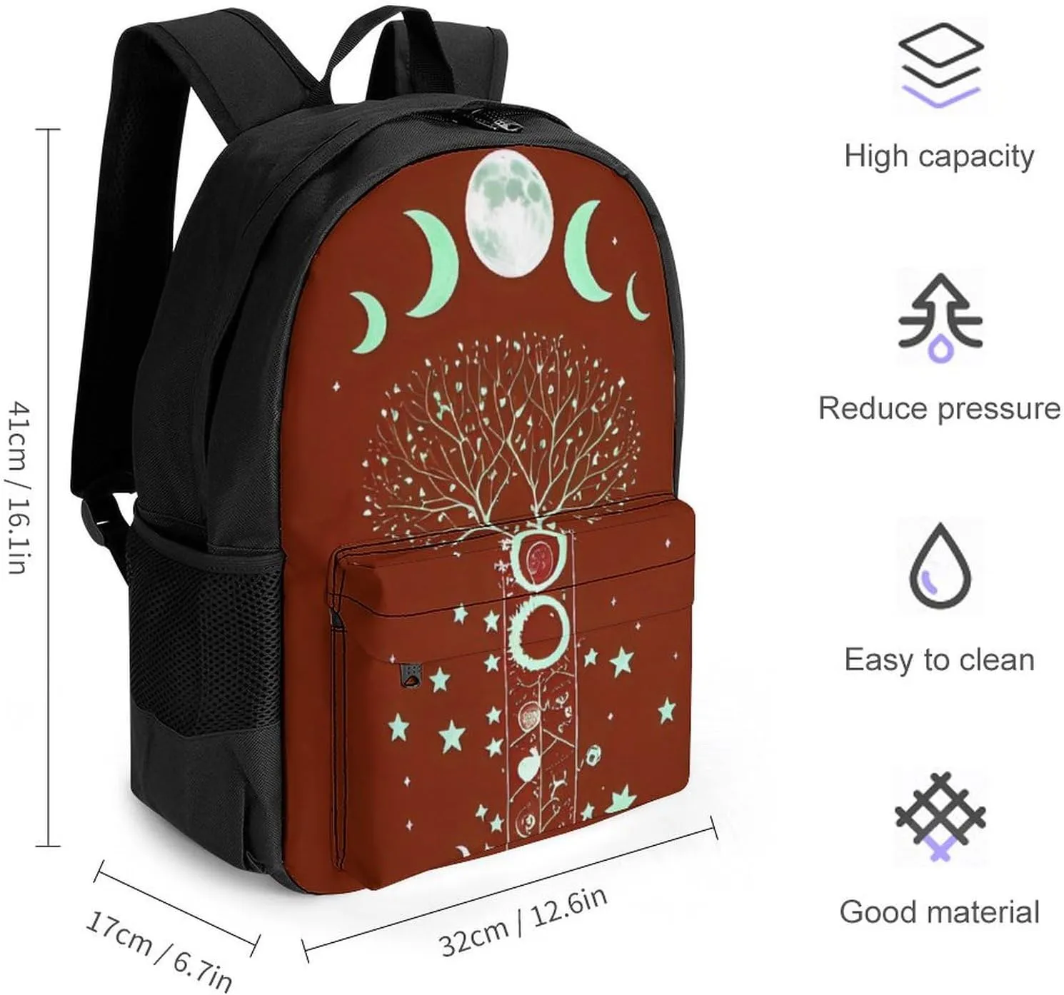 Men Women Polyester Moon Phase Space Tree Art Daypack Big Capacity Shoulder Bag With Smooth Zippers for Hiking Work Walking Cycling