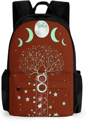 Men Women Polyester Moon Phase Space Tree Art Daypack Big Capacity Shoulder Bag With Smooth Zippers for Hiking Work Walking Cycling