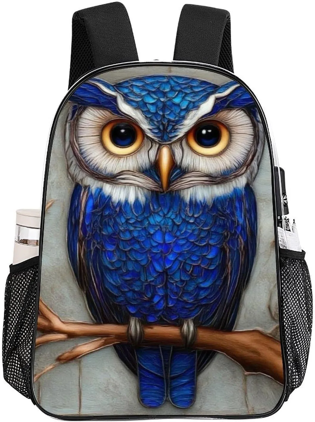 Men Women Transparent Blue Feather Owls Paintings Daypack Big Capacity Shoulder Bag With Adjustable Shoulder Straps for Camping Travel Walking Cycling