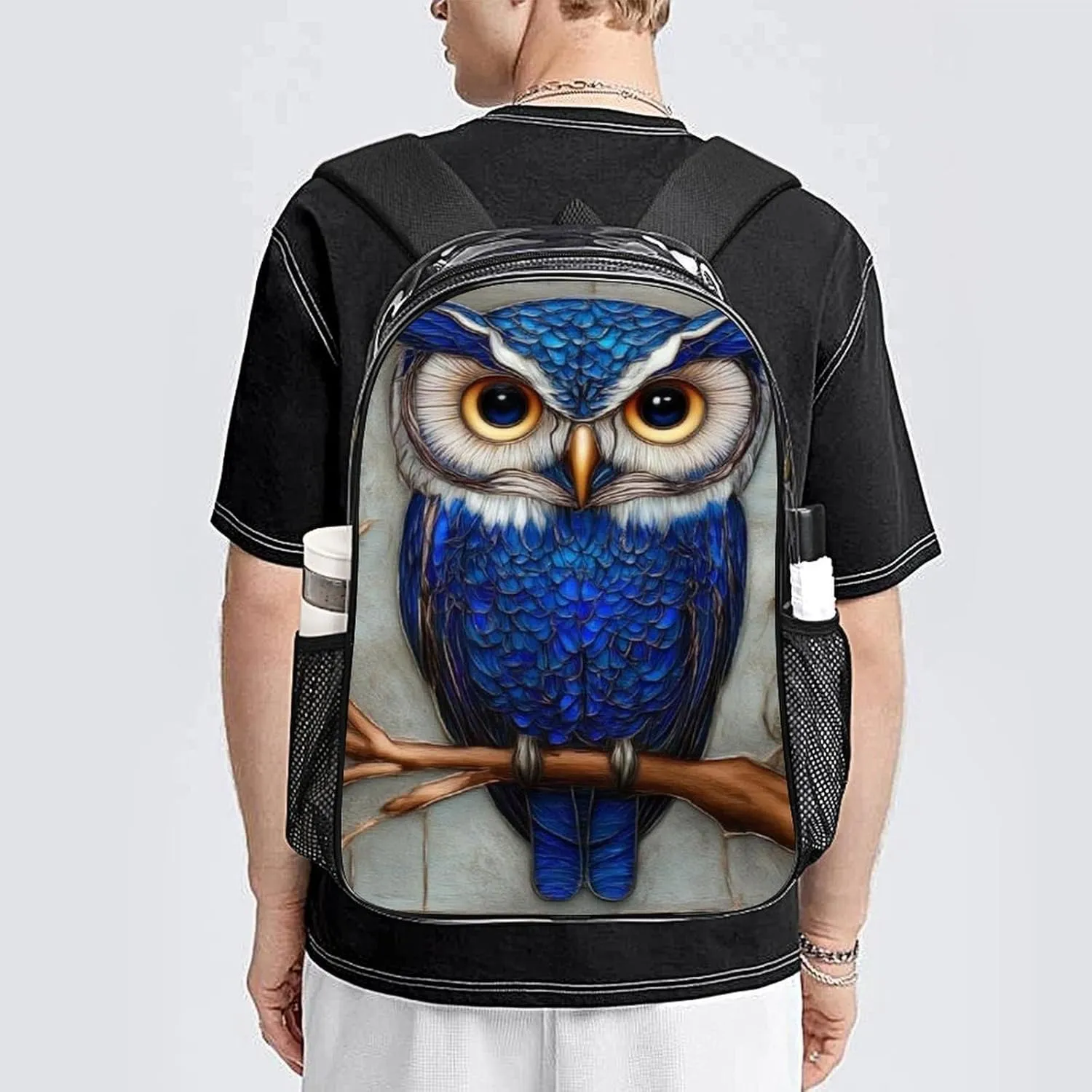 Men Women Transparent Blue Feather Owls Paintings Daypack Big Capacity Shoulder Bag With Adjustable Shoulder Straps for Camping Travel Walking Cycling