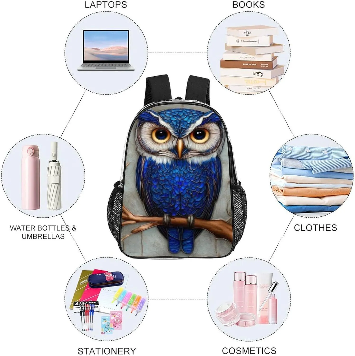 Men Women Transparent Blue Feather Owls Paintings Daypack Big Capacity Shoulder Bag With Adjustable Shoulder Straps for Camping Travel Walking Cycling