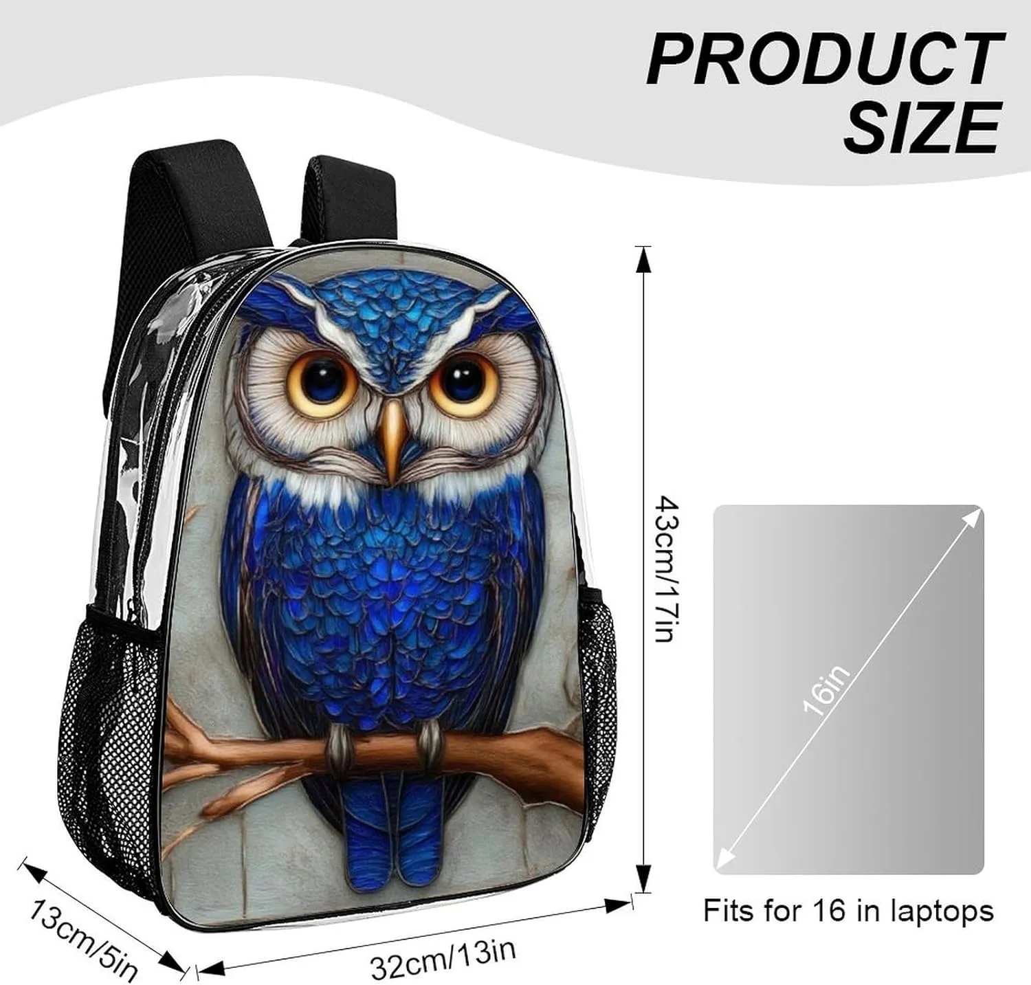 Men Women Transparent Blue Feather Owls Paintings Daypack Big Capacity Shoulder Bag With Adjustable Shoulder Straps for Camping Travel Walking Cycling