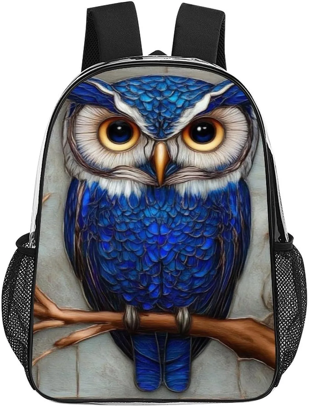Men Women Transparent Blue Feather Owls Paintings Daypack Big Capacity Shoulder Bag With Adjustable Shoulder Straps for Camping Travel Walking Cycling