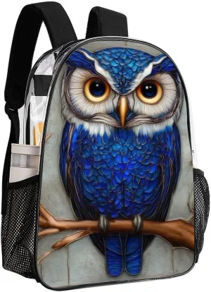 Men Women Transparent Blue Feather Owls Paintings Daypack Big Capacity Shoulder Bag With Adjustable Shoulder Straps for Camping Travel Walking Cycling